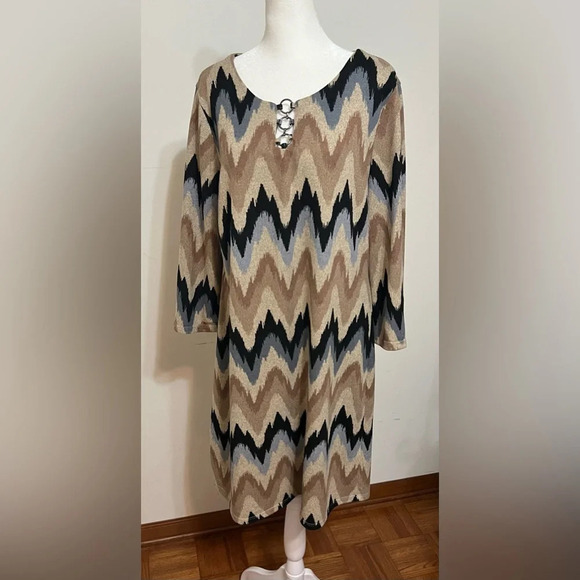 TACERA Women’s Earthy Tone Aztec Chevron 3/4 Sleeve Dress Large - Picture 7 of 14